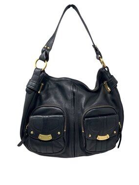 B. Makowsky Black Leather Shoulder Bag With Gold Hardware & Leopard Print Lining